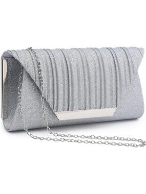 Women Glitter Silver Clutch With Detachable Chain Wedding Formal Evening Bag
